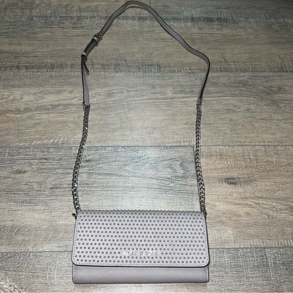 Michael Kors Micro Studded Wallet On Chain Crossbody Clutch Pearl Grey